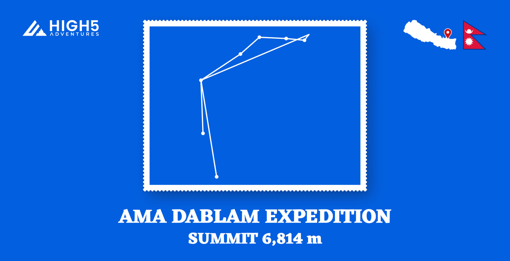 Ama Dablam expedition, summit 6,814 m: the route drawn through its overnight stops in Solukhumbu District, Koshi Province, beside the flag of Nepal and a map of Nepal pinned at Camp 3. Ama Dablam expedition, summit 6,814 m: the route drawn through its overnight stops in Solukhumbu District, Nepal