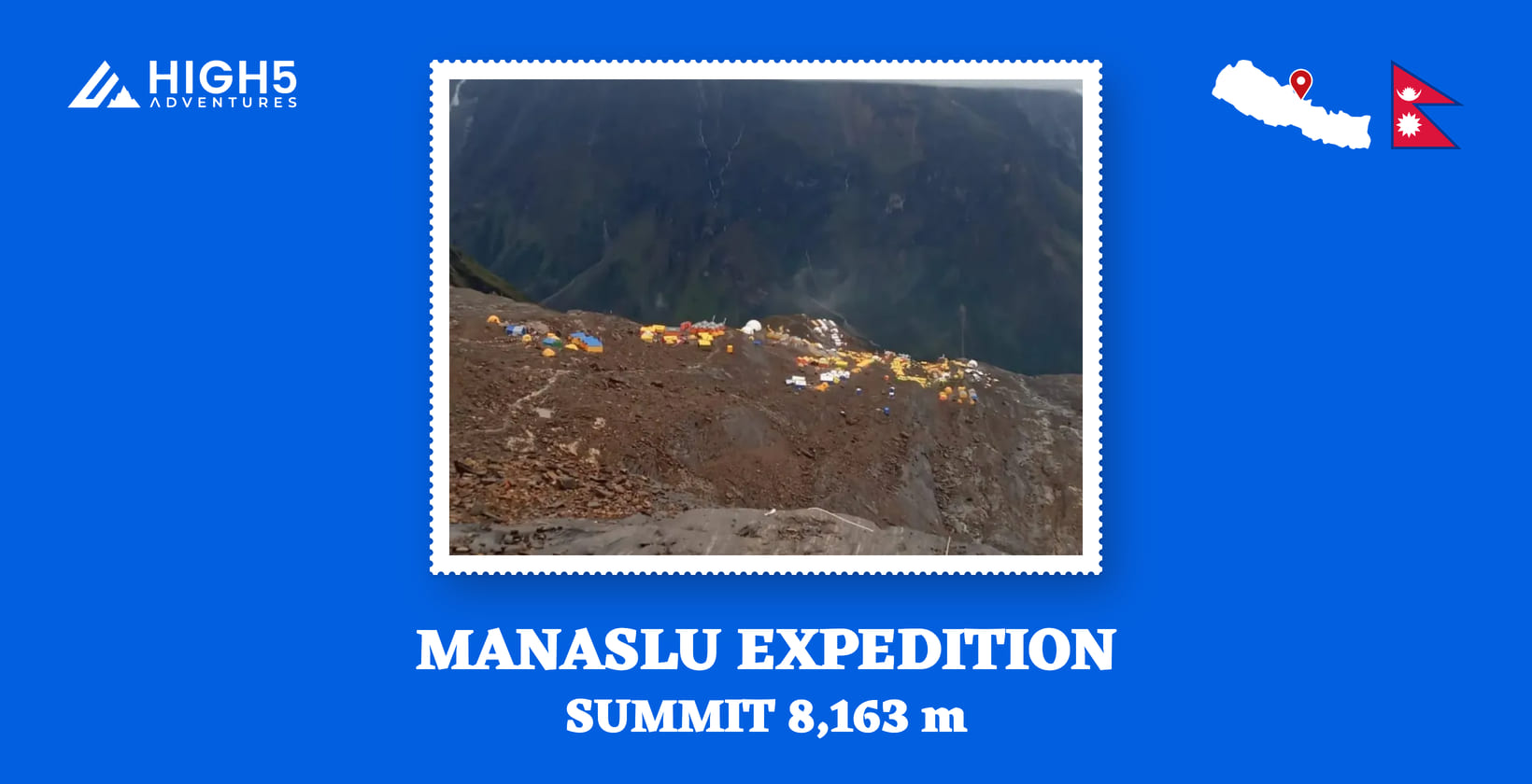 Manaslu expedition, summit 8,163 m: tents at Manaslu Base Camp in Gorkha District, Gandaki Province, beside the flag of Nepal and a map of Nepal pinned at Manaslu Base Camp. Manaslu expedition, summit 8,163 m: tents at Manaslu Base Camp, Nepal