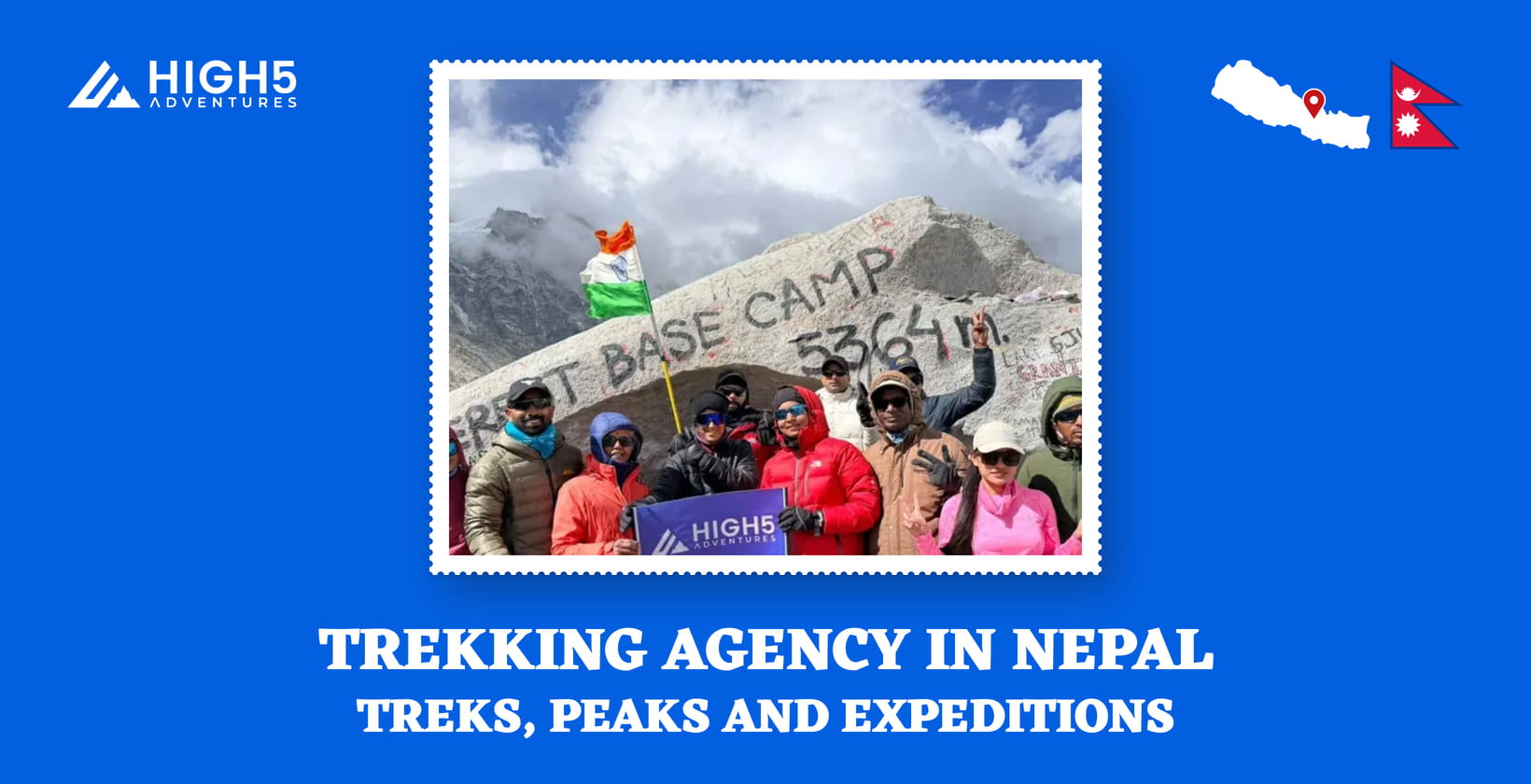 Trekking agency in Nepal, treks, peaks and expeditions: the May 2026 Everest Base Camp group with the High 5 banner in Solukhumbu District, Koshi Province, beside the flag of Nepal and a map of Nepal pinned at our office in Kathmandu. Trekking agency in Nepal, treks, peaks and expeditions: the May 2026 Everest Base Camp group with the High 5 banner, Nepal